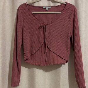 Ribbed Long Sleeve Scalloped Tie Top - Dusty Rose